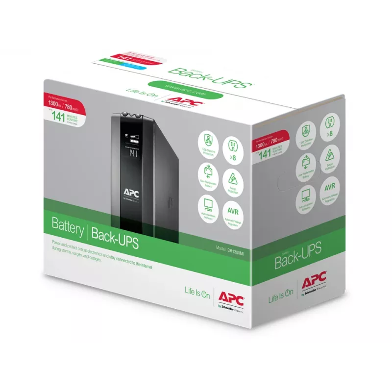 APC Back-UPS Pro, 1300VA/780W, Tower, 230V, 8x IEC C13 pistikupesa, AVR, LCD, kasutaja vahetatav aku