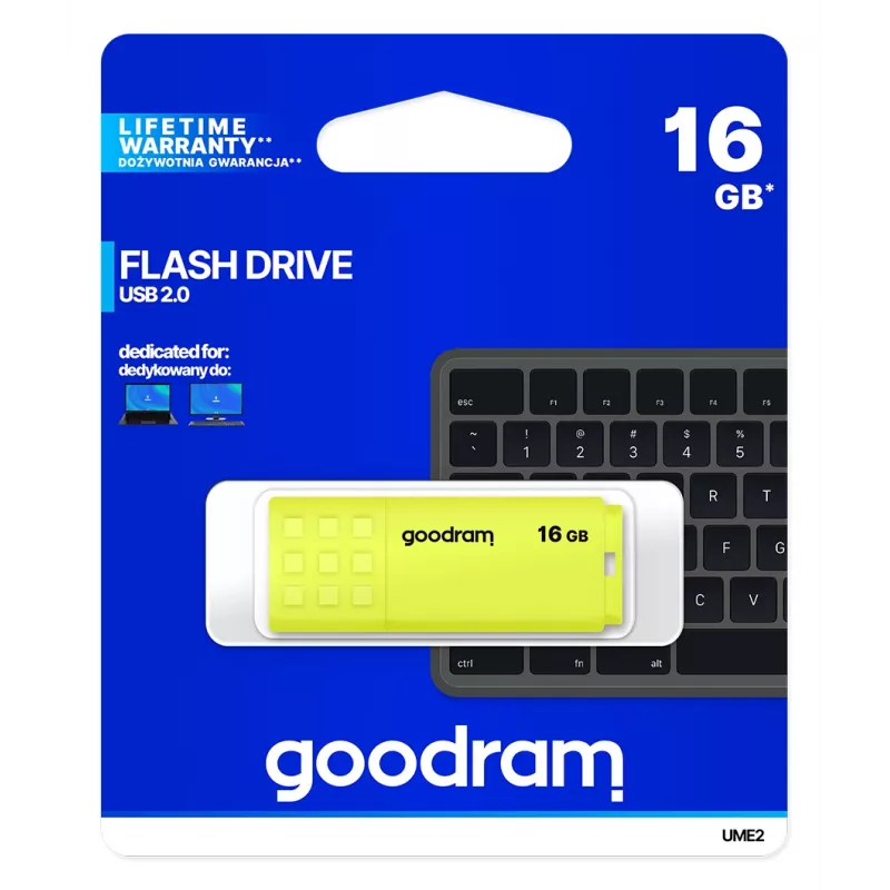 USB-mälupulk GOODRAM UME2 16 GB, USB 2.0 Type-A, kollane, 51×21 mm