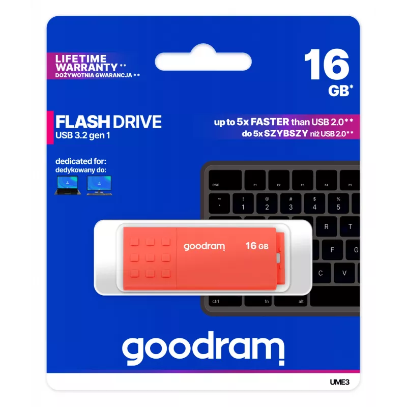 USB-mälupulk GOODRAM UME3 16 GB USB Type-A 3.2 Gen 1 (oranž), 60/20 MB/s, korgita plastkorpus