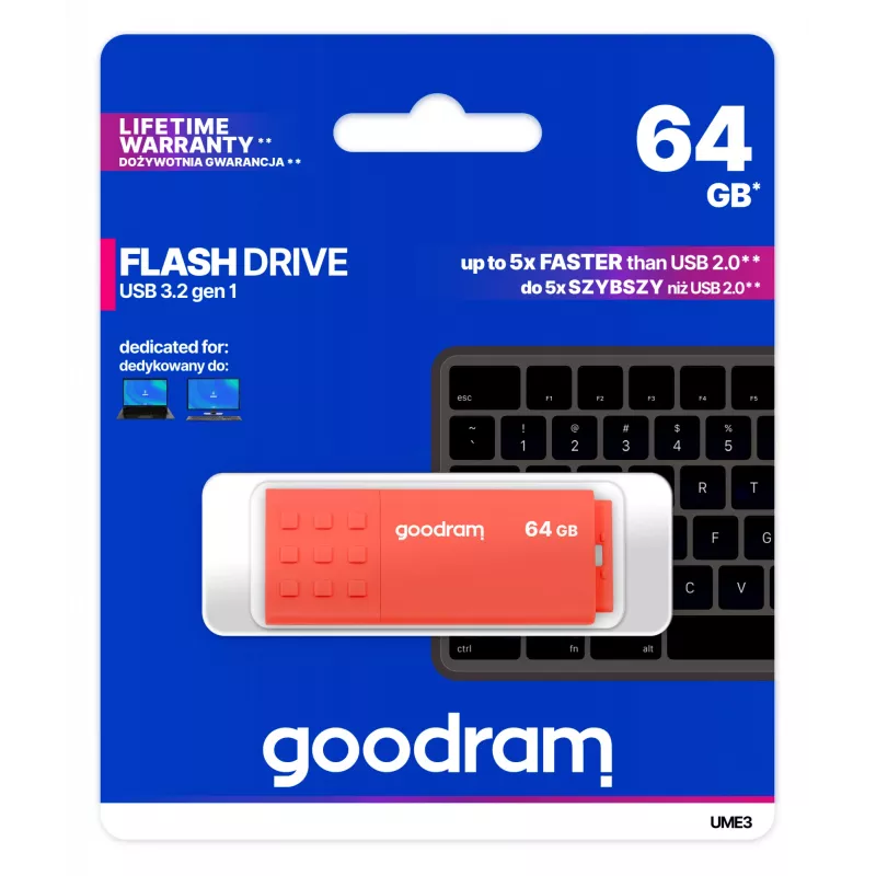 USB-mälupulk GOODRAM UME3 64GB USB Type-A 3.2 Gen 1, oranž, 60MB/s lugemine, 20MB/s kirjutamine