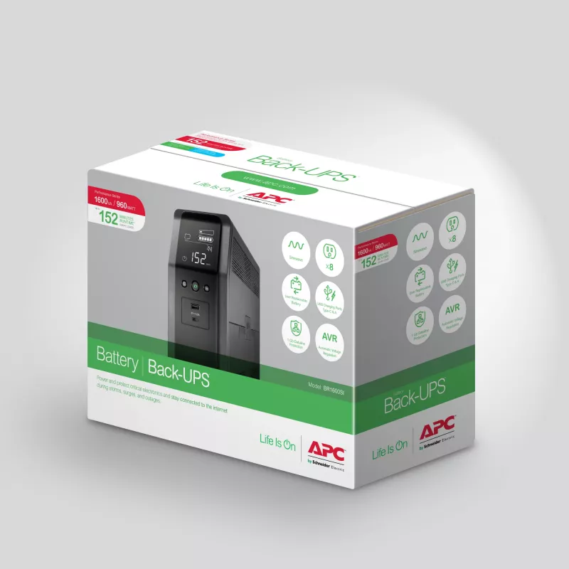 APC Back-UPS Pro, 1600VA/960W, Tower, 230V, 8x IEC C13 pistikupesa, siinuslaine, AVR, USB Type A + C pordid, LCD, kasutaja vahetatav aku