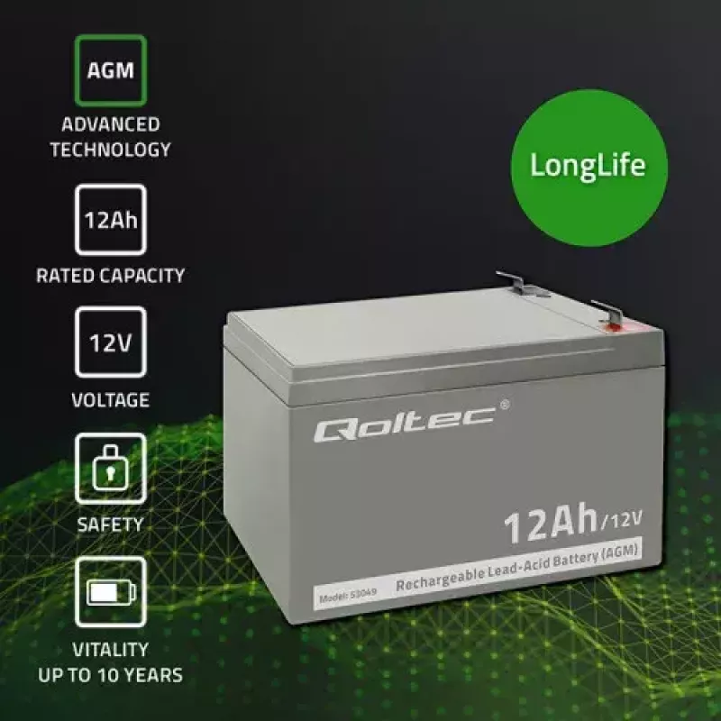 UPS-i aku QOLTEC 53049, VRLA AGM 12 V 12 Ah, hall, 150×98×95 mm