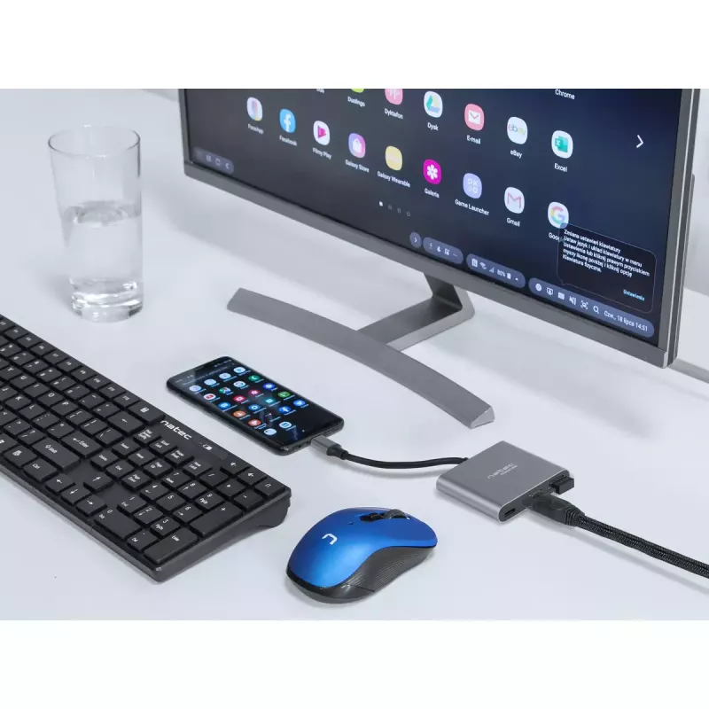 USB-C HDMI ja USB jaotur NATEC Fowler Mini — USB 2.0 USB-C host, HDMI, USB-A ja USB-C pordid, hall