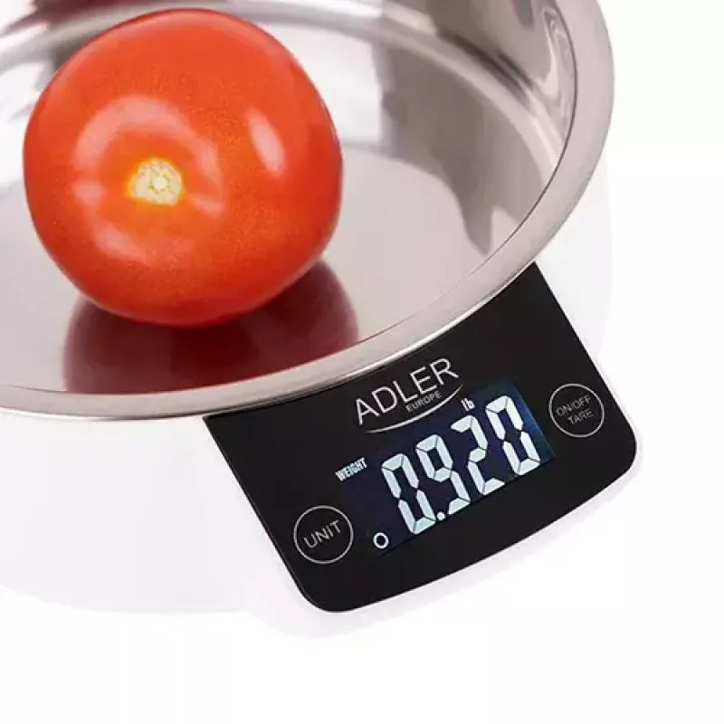 Elektrooniline köögikaal Adler AD 3166 – 5 kg maht, 1 g täpsus, roostevabast terasest kauss 0,9 l, LCD, taimer