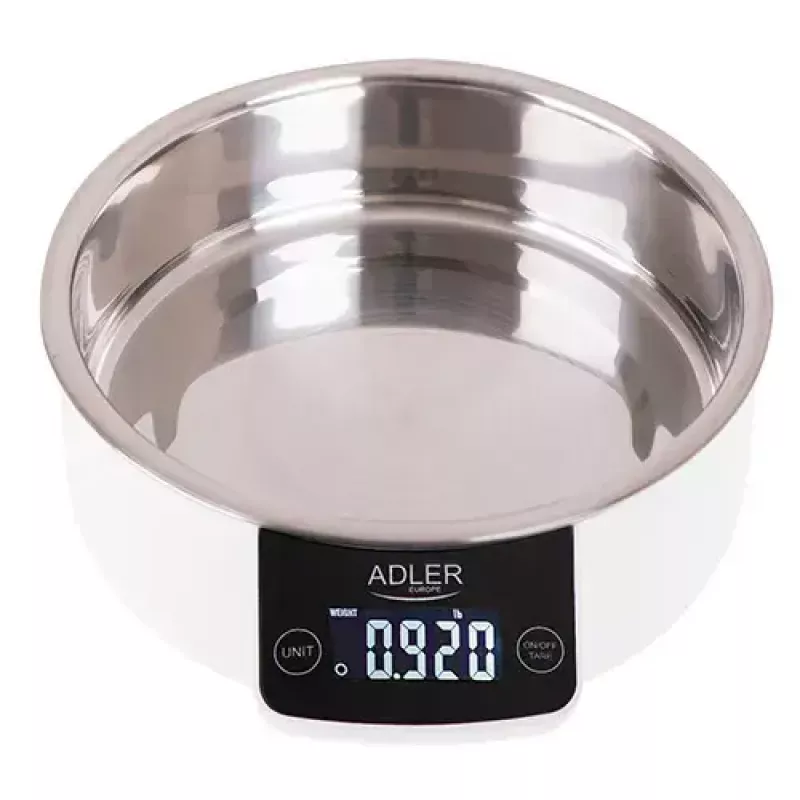 Elektrooniline köögikaal Adler AD 3166 – 5 kg maht, 1 g täpsus, roostevabast terasest kauss 0,9 l, LCD, taimer