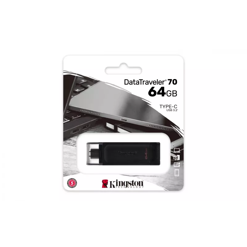 Kingston Technology DataTraveler 64GB USB-C 3.2 Gen 1 70, 64 GB, USB USB-C, 3.2 Gen 1 (3.1 Gen 1), Cap, 7 g, Must