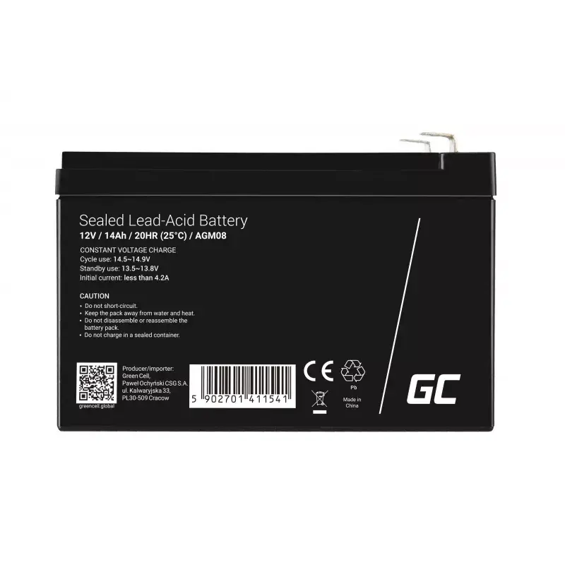Taaslaetav AGM-suletud pliiaku roheline Cell AGM08 12 V 14000 mAh, 98×151×95 mm, 3,45 kg