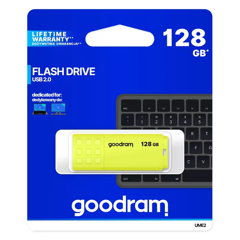 USB-mälupulk GOODRAM UME2 128 GB USB 2.0 Type-A, kollane, 21×51 mm