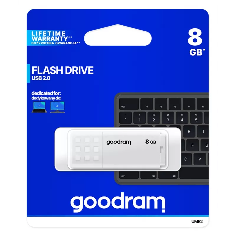 USB-mälupulk GOODRAM UME2 8 GB USB 2.0 Type-A, valge, 20 MB/s lugemiskiirus, 5 MB/s kirjutamiskiirus