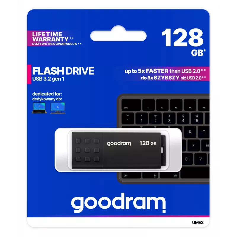 USB-mälupulk GOODRAM UME3 128 GB USB Type-A 3.2 Gen 1 (must, lugemiskiirus 60 MB/s, kirjutamiskiirus 20 MB/s)