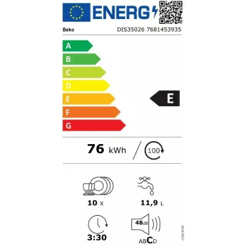 Sisseehitatud nõudepesumasin BEKO DIS35026 — kitsas 45 cm, 10 katet, 48 dB, 5 programmi, energiaklass E