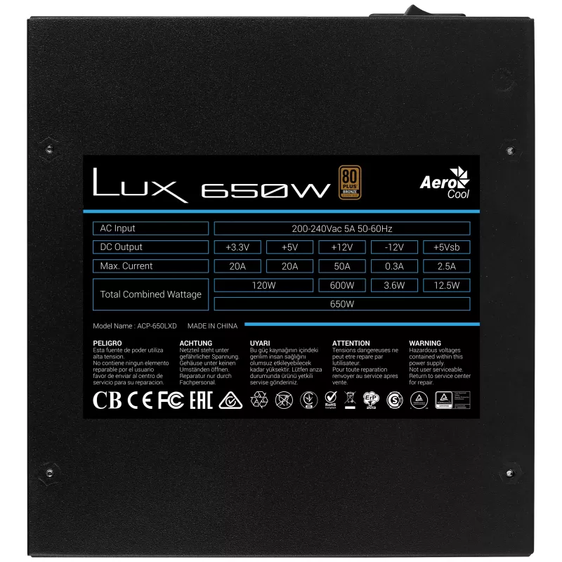Aerocool LUX650 PC toiteplokk 650W 80 Plus Bronze 230V 88% tõhusus must