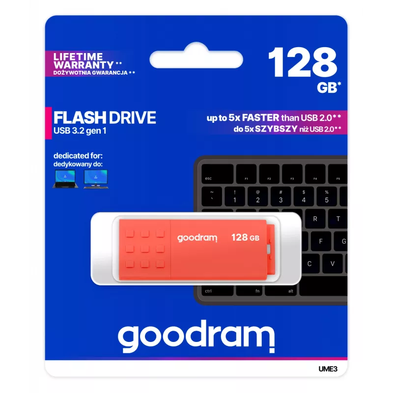 USB-mälupulk GOODRAM UME3 128 GB USB Type-A 3.2 Gen 1, oranž, korgita, 60/20 MB/s