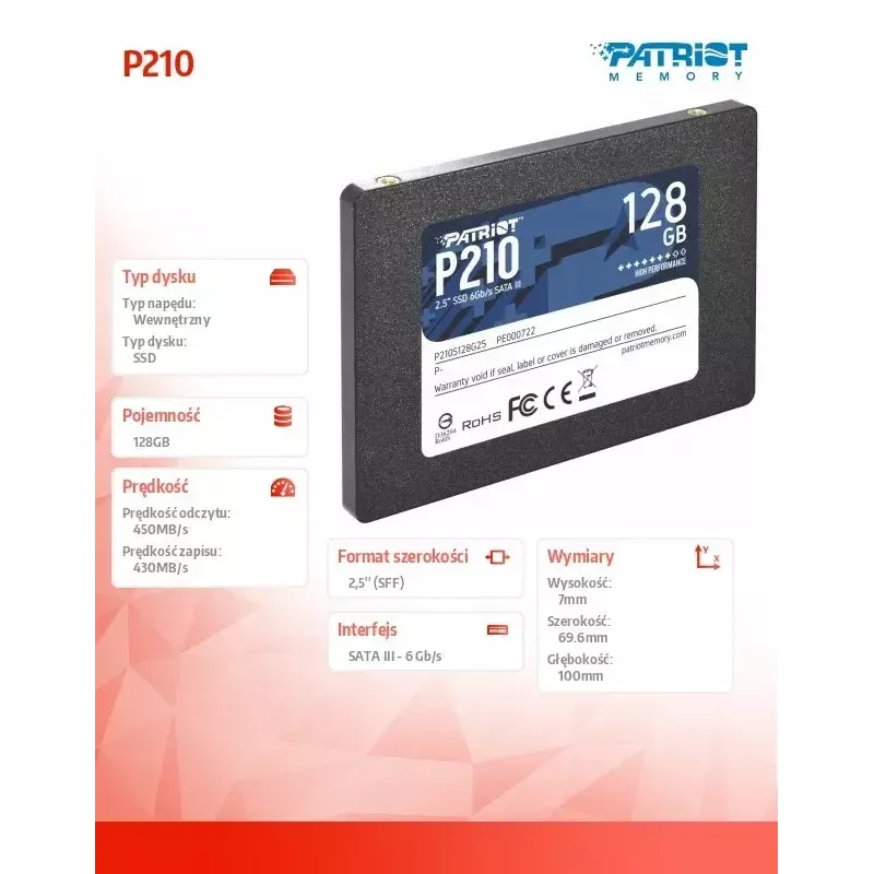 Patriot Memory P210 2.5 tolli 128GB Serial ATA III 450/350 MB/s