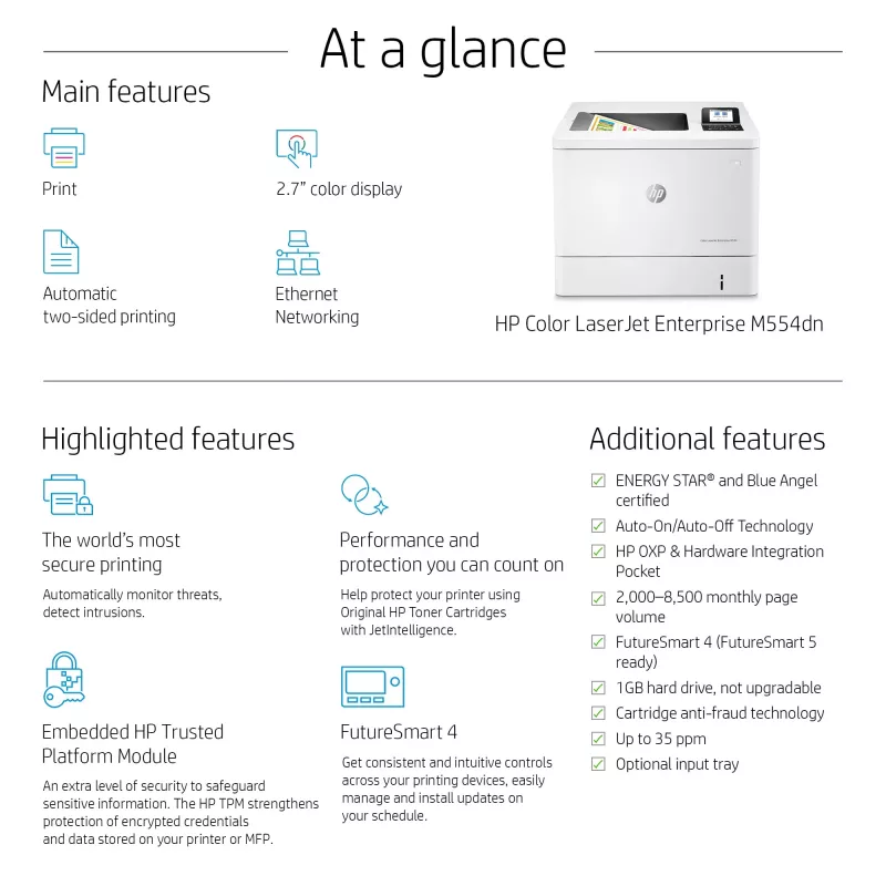HP Color LaserJet Enterprise M554dn printer, laser, värviline, 1200 x 1200 DPI, A4, 33 ppm, kahepoolne printimine