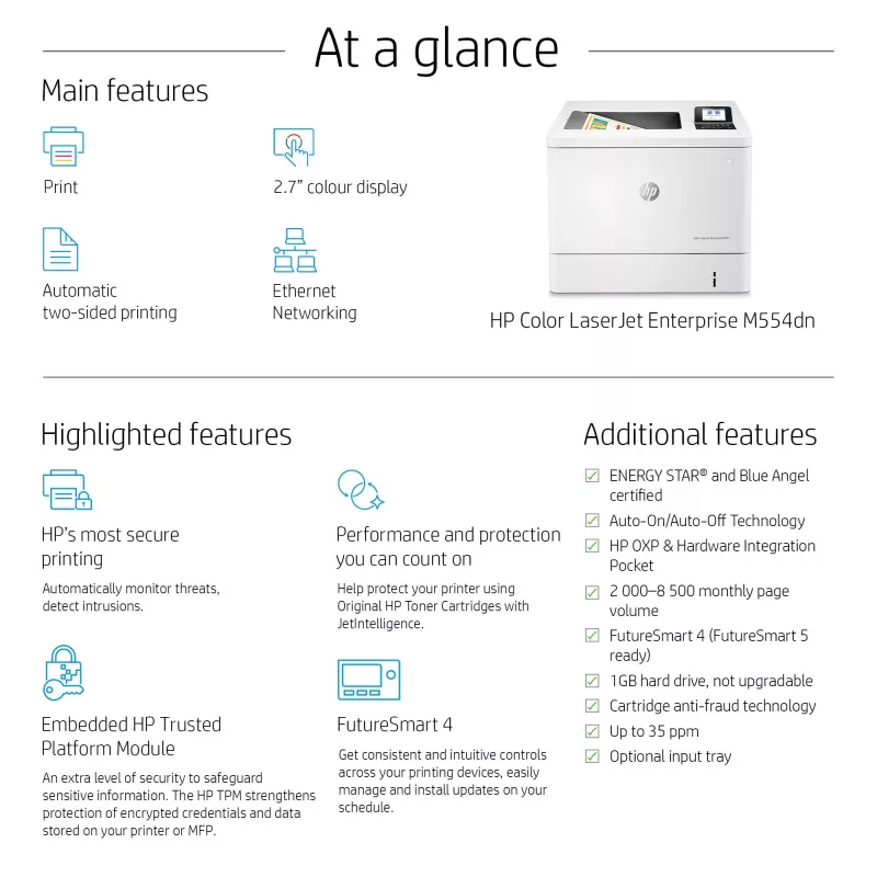 HP Color LaserJet Enterprise M554dn printer, laser, värviline, 1200 x 1200 DPI, A4, 33 ppm, kahepoolne printimine