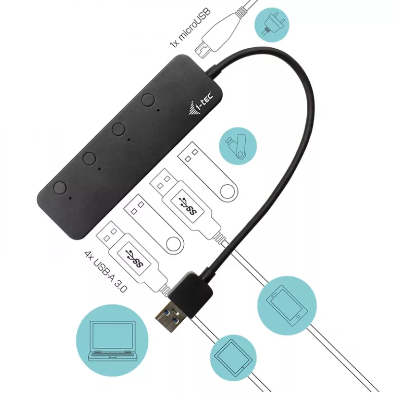 USB-jaotur i-tec USB 3.0 Metal HUB 4 porti individuaalsete sisse-/väljalülititega