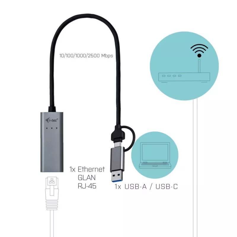 “i-tec Metal USB-C/USB-A 2.5Gbps Ethernet” adapter, juhtmega, USB Type-A/USB USB-C, Ethernet, 2500 Mbit/s, hall