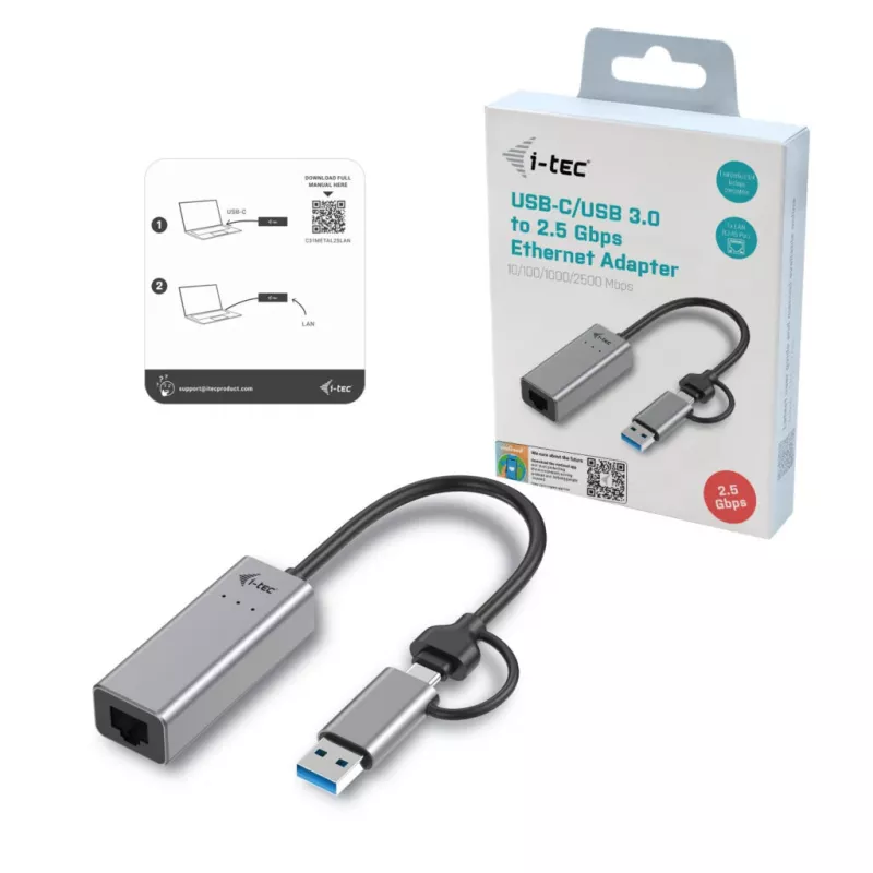 “i-tec Metal USB-C/USB-A 2.5Gbps Ethernet” adapter, juhtmega, USB Type-A/USB USB-C, Ethernet, 2500 Mbit/s, hall