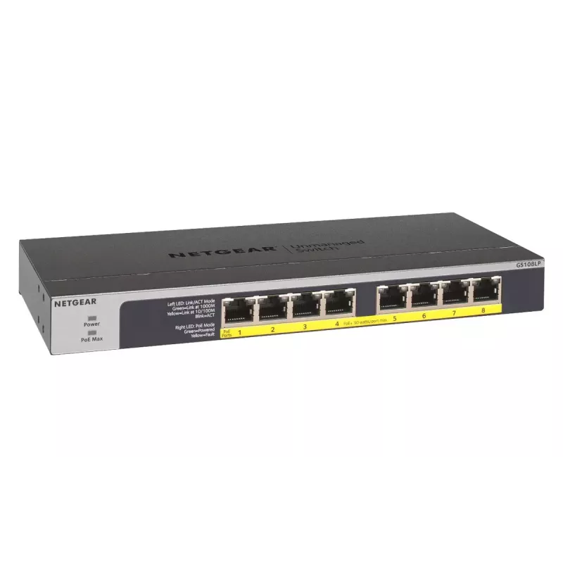 NETGEAR GS108LP Haldamata Gigabit Ethernet (10/100/1000) Power over Ethernet (PoE) 1U Must, Hall