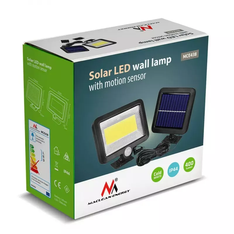 Välistingimustesse sobiv päikeseenergial töötav LED-prožektor MACLEAN MCE438, 5 W, 400 lm, IP44, liitiumioon 5,2 V, seinale kinnitatav, valge valgus, must