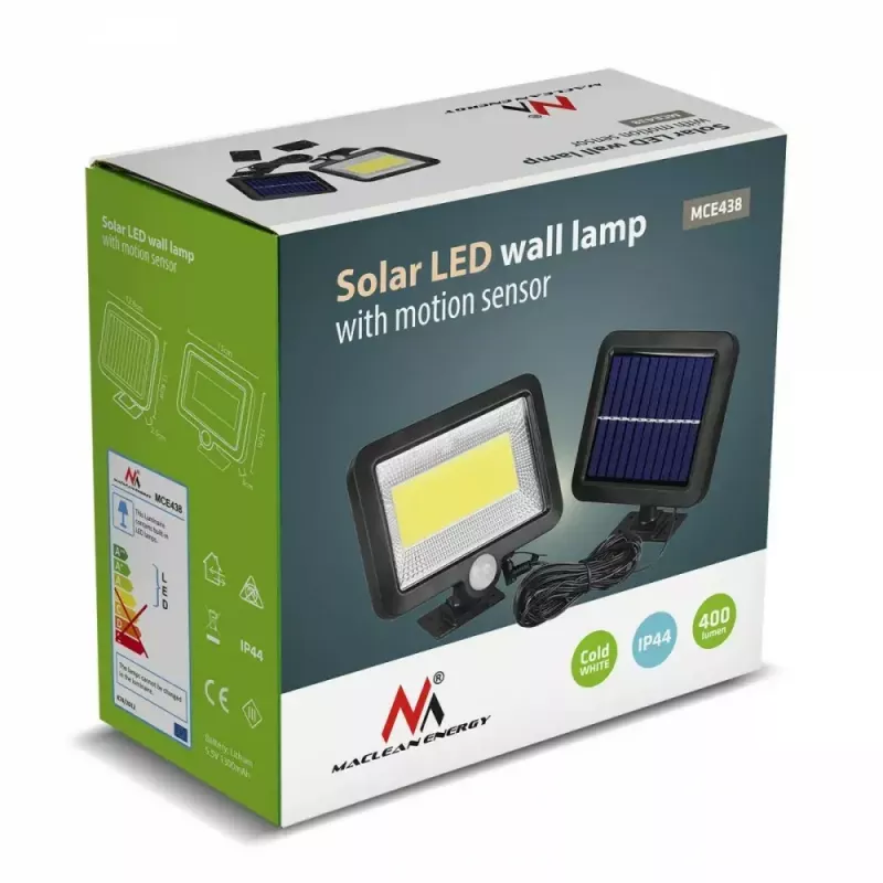 Välistingimustesse sobiv päikeseenergial töötav LED-prožektor MACLEAN MCE438, 5 W, 400 lm, IP44, liitiumioon 5,2 V, seinale kinnitatav, valge valgus, must