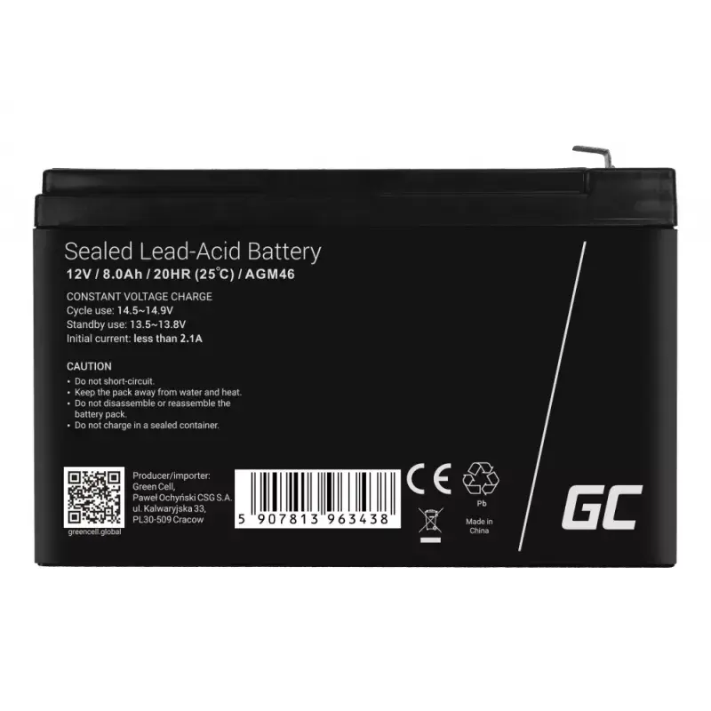 Laetav 12 V suletud pliiaku roheline Cell AGM46, 8000 mAh, 2,15 kg, VRLA