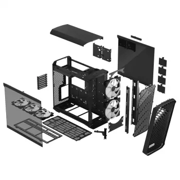 Arvuti korpus Fractal Design Torrent Tower Black — toetab ATX/EATX/ITX, 2x180mm esiventilaatorit, 2x3,5-tollist pesa, 4x2,5-tollist pesa, karastatud klaas