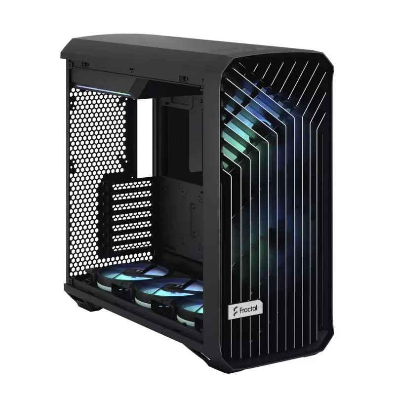 Arvuti korpus Fractal Design Torrent Tower Black — toetab ATX/EATX/ITX, 2x180mm esiventilaatorit, 2x3,5-tollist pesa, 4x2,5-tollist pesa, karastatud klaas