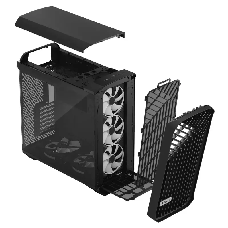 Arvuti korpus Fractal Design Torrent Tower Black — toetab ATX/EATX/ITX, 2x180mm esiventilaatorit, 2x3,5-tollist pesa, 4x2,5-tollist pesa, karastatud klaas