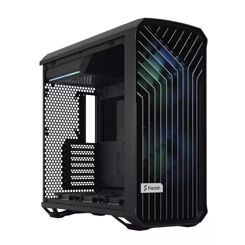 Arvuti korpus Fractal Design Torrent Tower Black — toetab ATX/EATX/ITX, 2x180mm esiventilaatorit, 2x3,5-tollist pesa, 4x2,5-tollist pesa, karastatud klaas