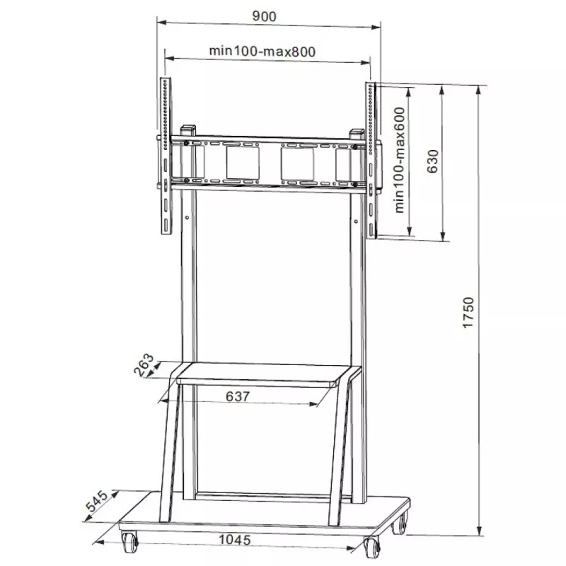 Kaasaskantav lameekraani põrandastatiiv TECHLY Signage Display Mount ICA-TR30 — 55–100-tollistele ekraanidele, VESA 1200x600, max koormus 150 kg, rattad, must