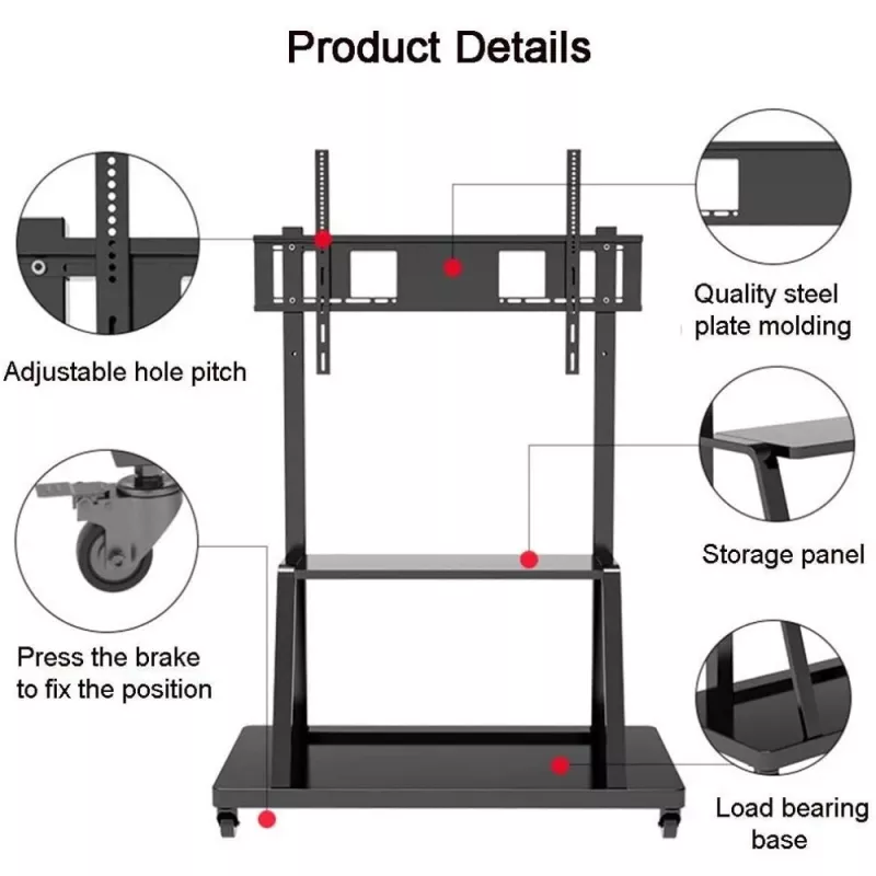 Kaasaskantav lameekraani põrandastatiiv TECHLY Signage Display Mount ICA-TR30 — 55–100-tollistele ekraanidele, VESA 1200x600, max koormus 150 kg, rattad, must