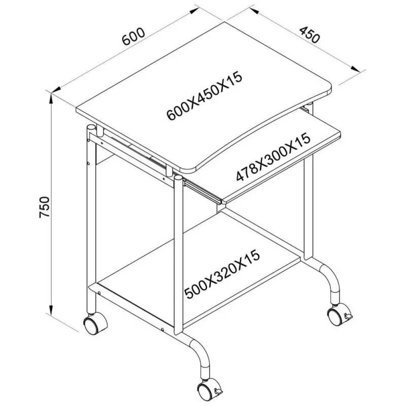 Arvutilaud TECHLY Compact ICA-TB S005 — kompaktne arvutilaud, MDF plaadiga, klaviatuurialus, rattad, 600×450×750 mm, pöök