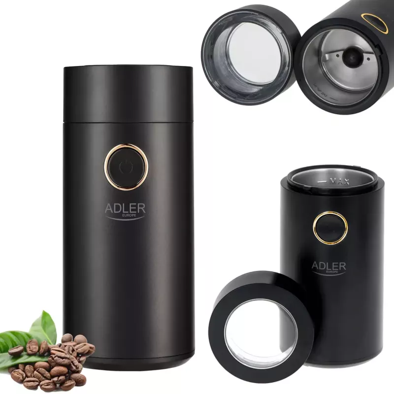 Adler AD 4446bg kohviveski koonusjahvatuskettaga — 150 W, 75 g ubade punker, roostevabast terasest jahvatuskettad, nuppjuhtimine, must