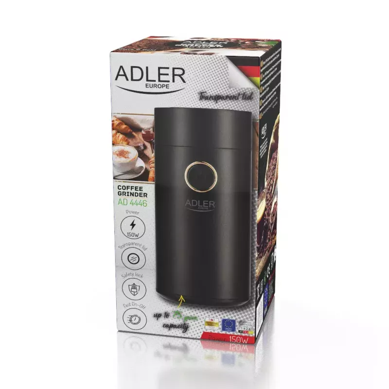Adler AD 4446bg kohviveski koonusjahvatuskettaga — 150 W, 75 g ubade punker, roostevabast terasest jahvatuskettad, nuppjuhtimine, must