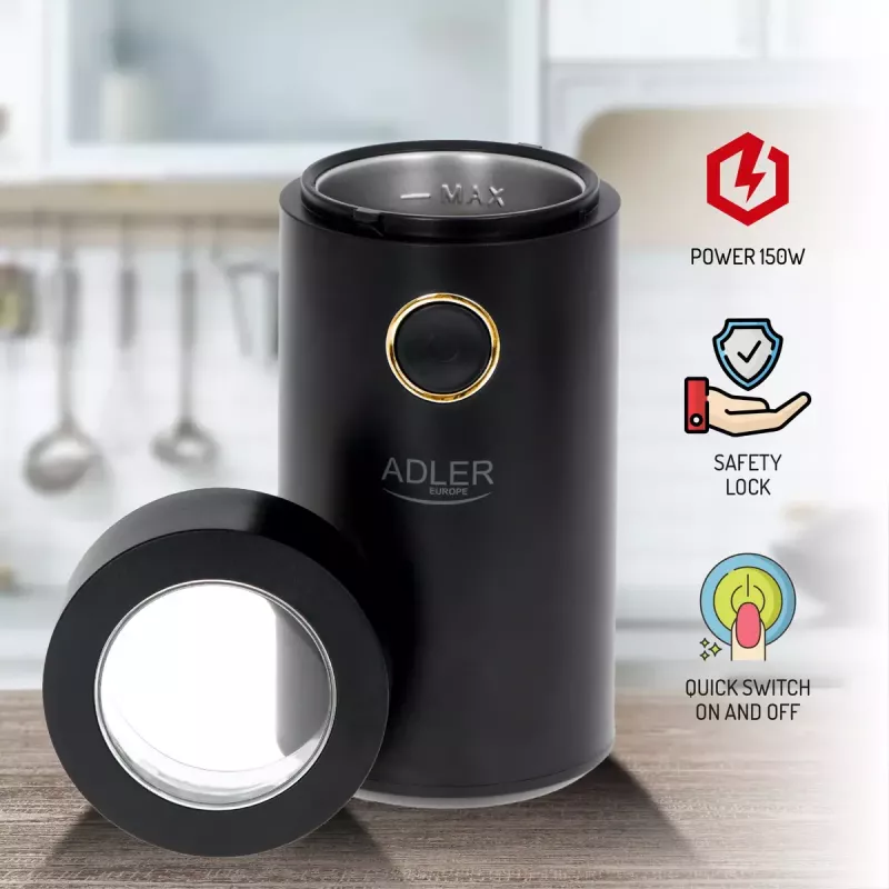 Adler AD 4446bg kohviveski koonusjahvatuskettaga — 150 W, 75 g ubade punker, roostevabast terasest jahvatuskettad, nuppjuhtimine, must