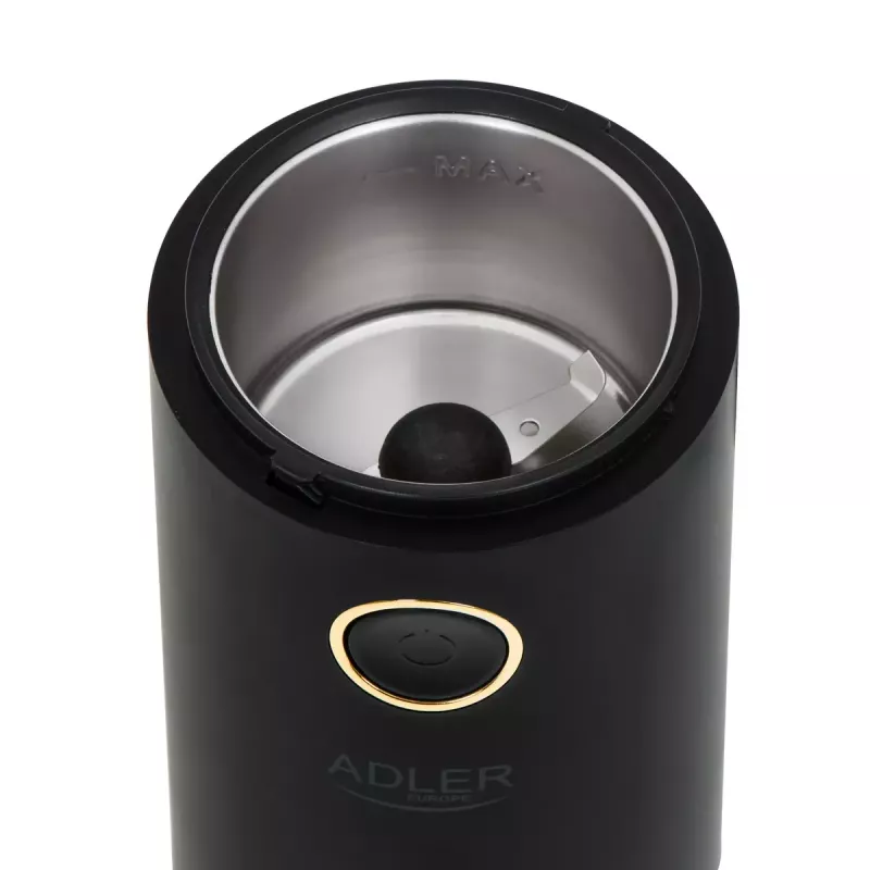 Adler AD 4446bg kohviveski koonusjahvatuskettaga — 150 W, 75 g ubade punker, roostevabast terasest jahvatuskettad, nuppjuhtimine, must