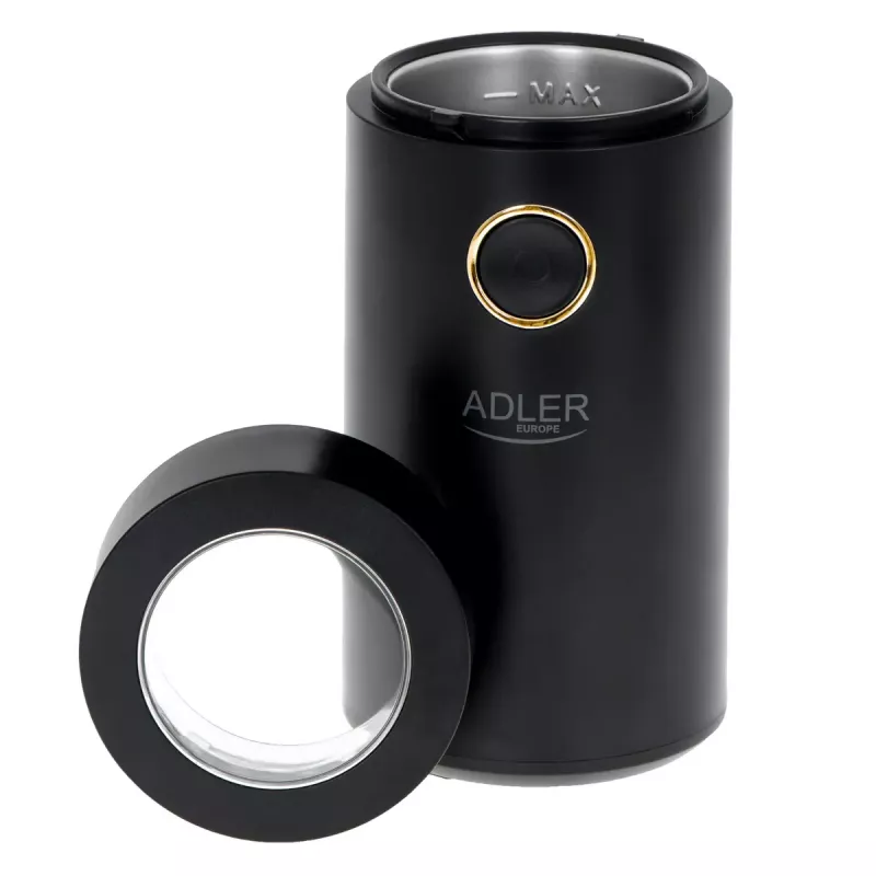 Adler AD 4446bg kohviveski koonusjahvatuskettaga — 150 W, 75 g ubade punker, roostevabast terasest jahvatuskettad, nuppjuhtimine, must