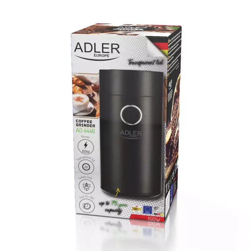 Burr grinder Adler AD4446BS — 150 W, stainless steel burrs, 75 g bean hopper, Must