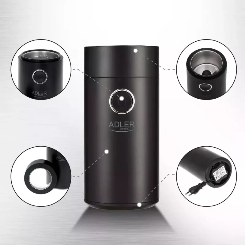 Burr grinder Adler AD4446BS — 150 W, stainless steel burrs, 75 g bean hopper, Must