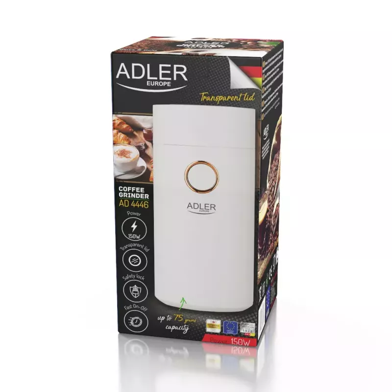 Kohviveski terastega Adler AD4446WG — elektriline kohviveski, roostevabast terasest veskid, 75 g punker, 150 W, valge
