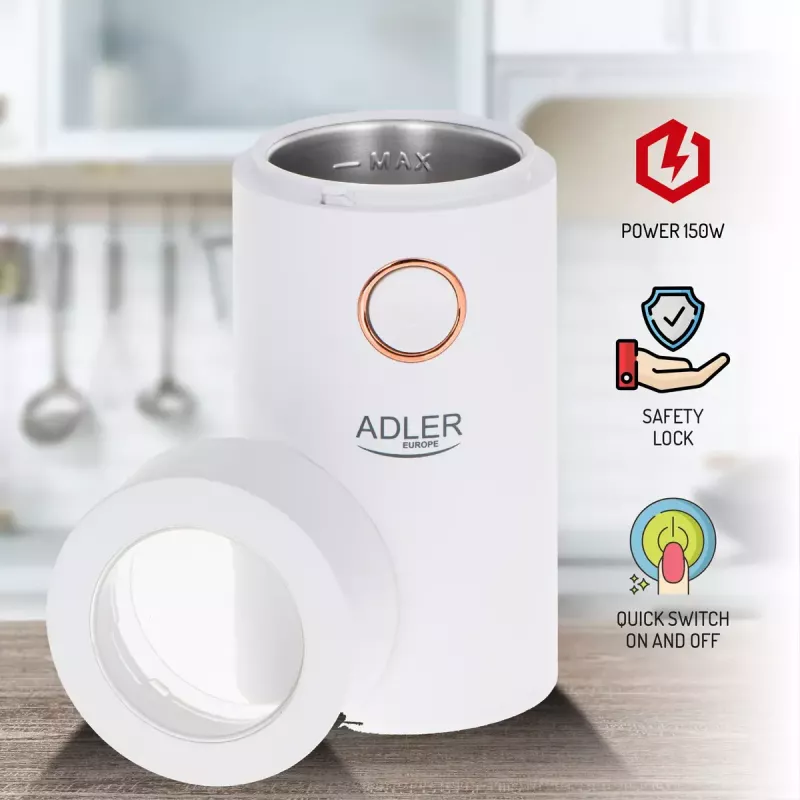 Kohviveski terastega Adler AD4446WG — elektriline kohviveski, roostevabast terasest veskid, 75 g punker, 150 W, valge