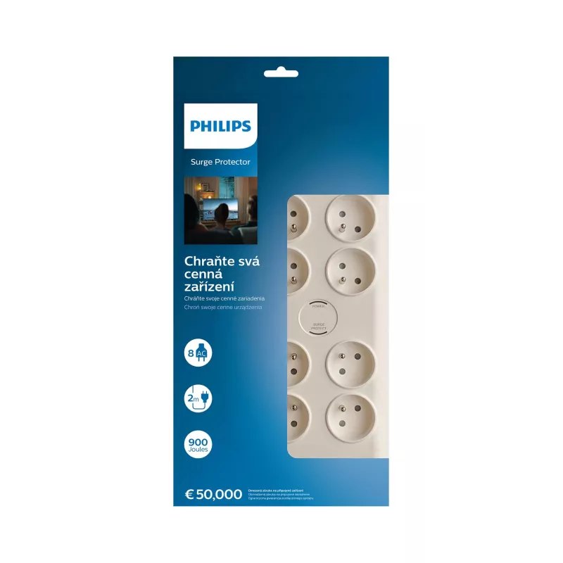 Philips SPN7080WA/60 liigpingekaitse Valge 8 vahelduvvoolu pistikupesa 2 m