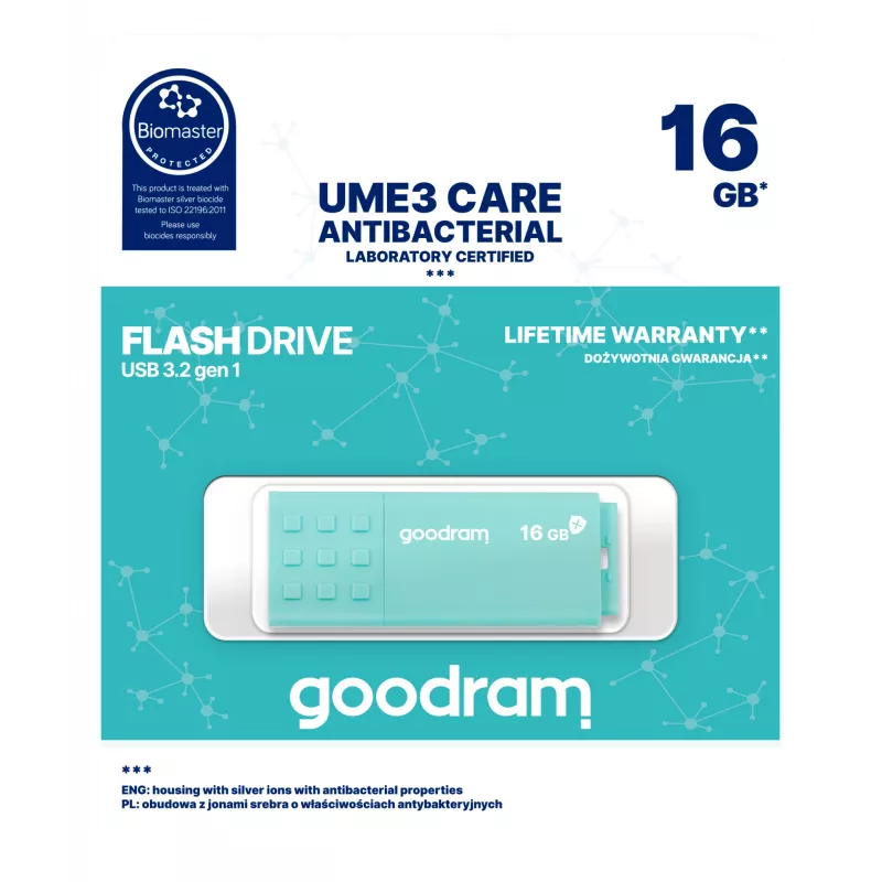 USB-mälupulk GOODRAM UME3 CARE 16 GB USB Type-A 3.2 Gen 1 (lugemine 60 MB/s, kirjutamine 20 MB/s) türkiissinine