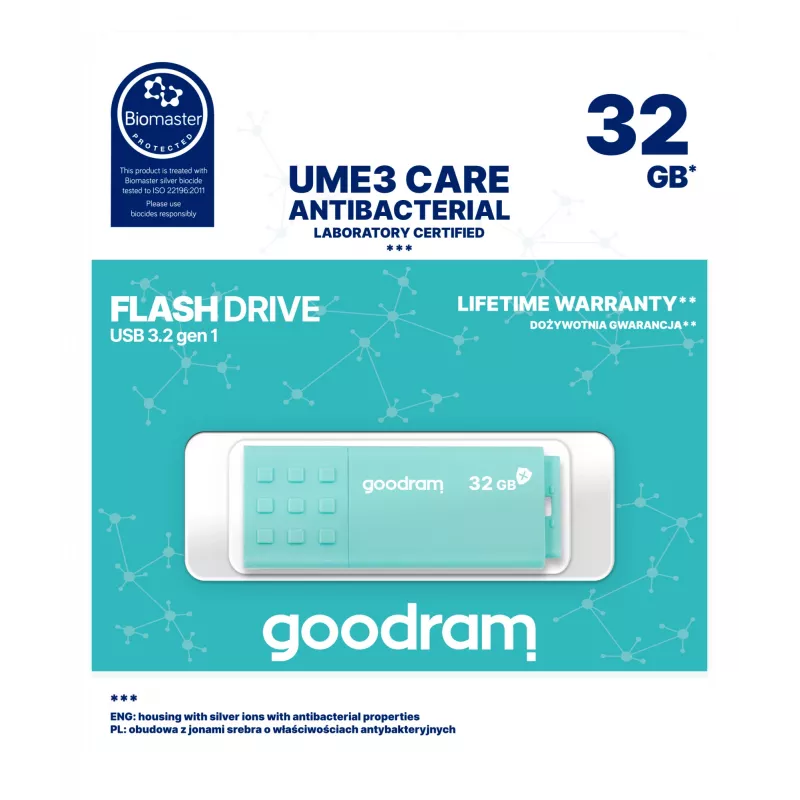 USB-mälupulk GOODRAM UME3 32 GB USB Type-A 3.2 Gen 1 — türkiis, 60 MB/s lugemine, 20 MB/s kirjutamine