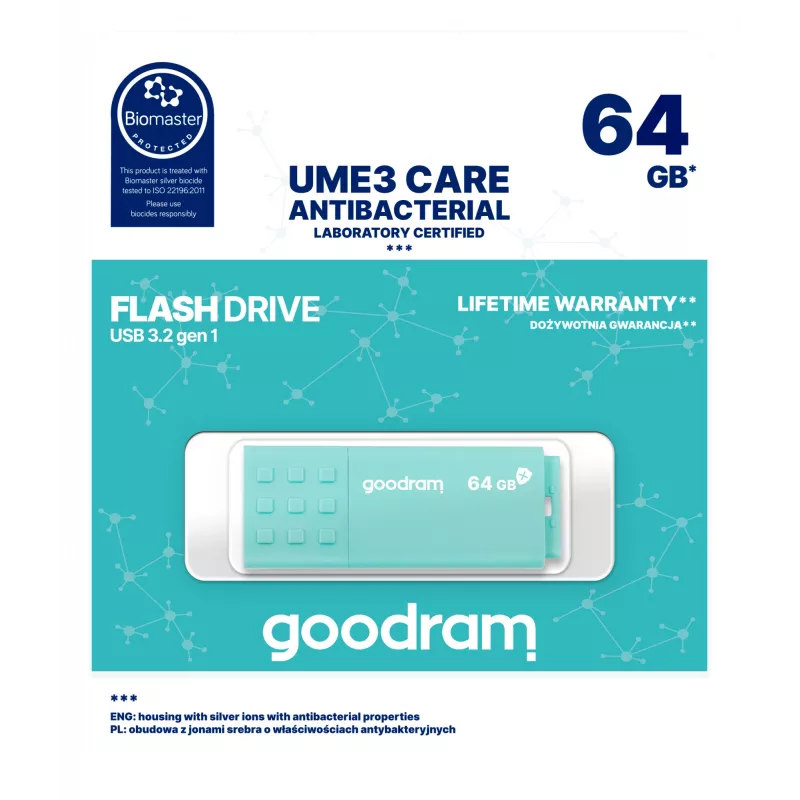USB-mälupulk GOODRAM 64 GB USB Type-A 3.2 Gen 1 UME3, türkiis, lugemine 60 MB/s, kirjutamine 20 MB/s