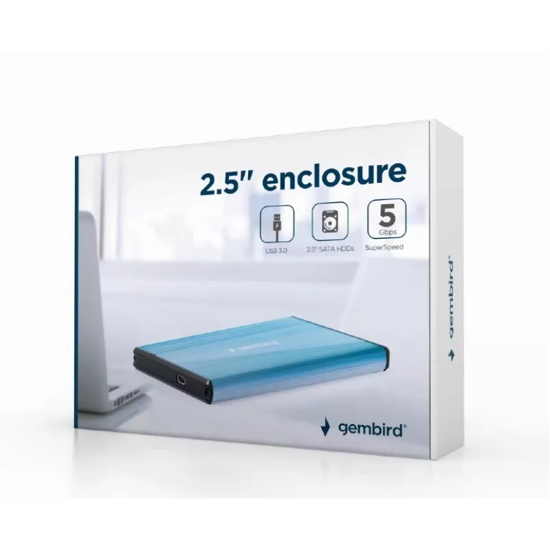 Kõvaketta korpus Gembird EE2-U3S-3-B — 2,5-tolline ühepesaline, SATA, Mini-USB A, kuni 7 TB, sinine