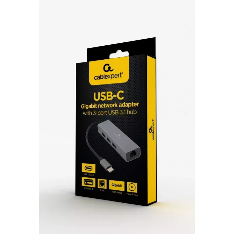 Dokkimisadapter Gembird A-CMU3-LAN-01 — USB-C 3.2 Gen 1, 1× Gigabit LAN, 3× USB-A, metallkorpus, hall