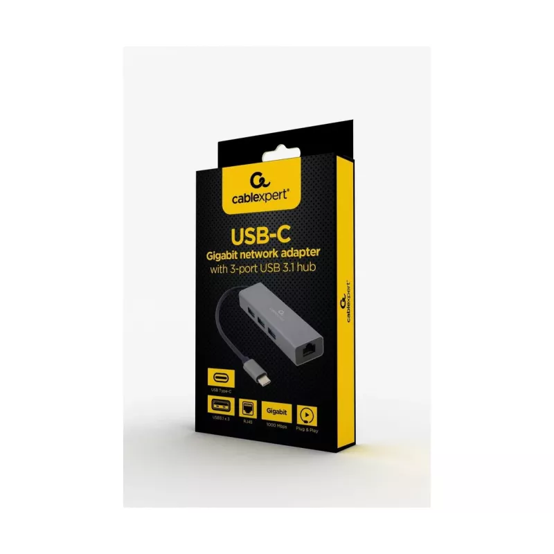 Dokkimisadapter Gembird A-CMU3-LAN-01 — USB-C 3.2 Gen 1, 1× Gigabit LAN, 3× USB-A, metallkorpus, hall